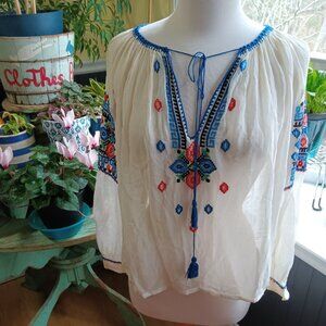 Vintage 1930s 1940s Embroidered Romanian Blouse Cotton Gauze Voile Size M